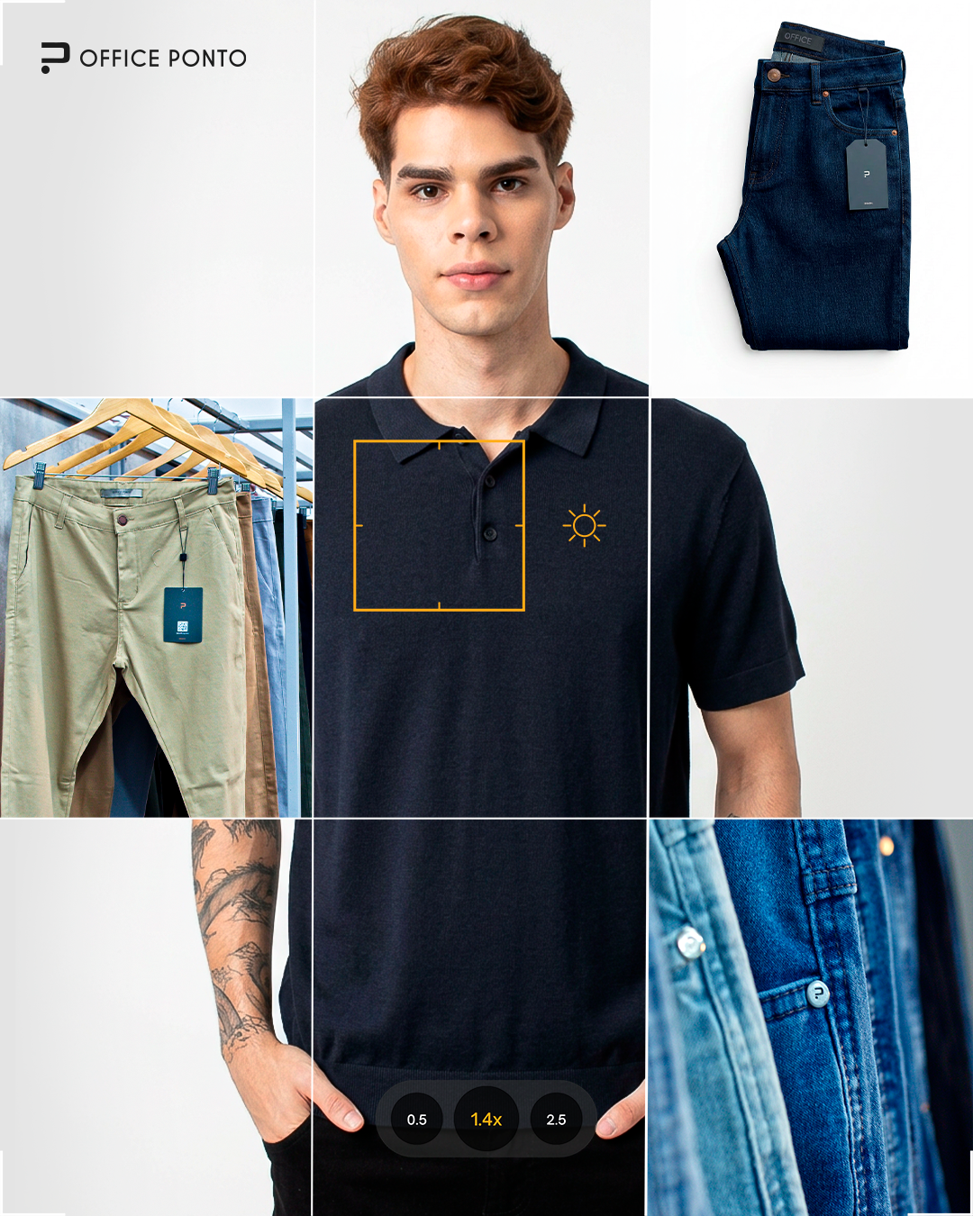 Mosaico Office Ponto com jeans escuro, sarja verde e detalhes de acabamento